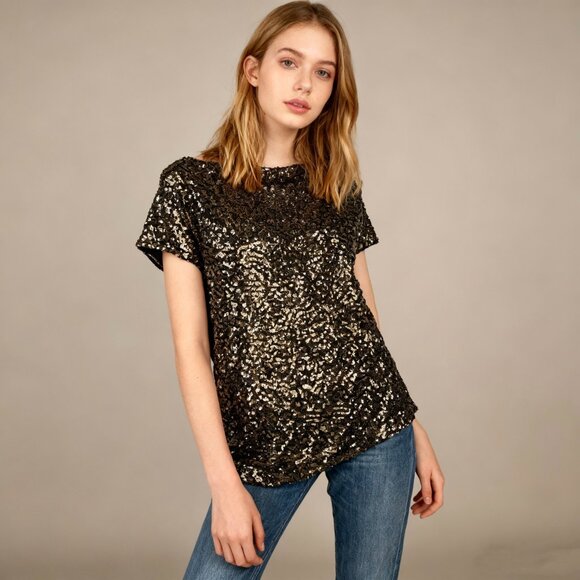 NWT Mint Velvet Gold Sequins Top Stretch Short-Sleeved T-Shirt Size XL - Picture 1 of 12